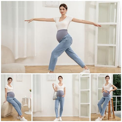 Women's Maternity Jeans Over Belly, Comfy Stretch Boyfriend Jeans, Loose Pregnancy Pants with Pockets - size: XX-Large