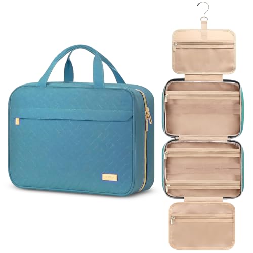 Hanging Travel Toiletry Bag, Large Capacity Cosmetic Organizer for Full-size Bottle with 4 Compartment for Daily Use - color: Teal