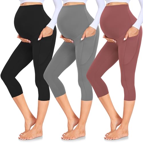 GROTEEN 3 Pack Maternity Leggings with Pockets Over Belly Yoga Pants - color: 04b-black/Gray/Rose Pink, size: Large