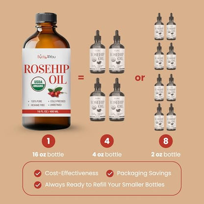 BodyJ4You Rosehip Seed Oil for Face Skin - USDA Organic Cold Pressed Pure - size: 16 Fl Oz (Pack of 1)