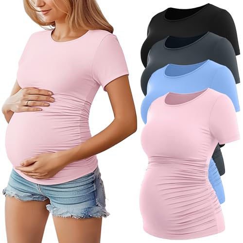 Huukeay 4 Pack Women's Short Sleeve Maternity Tops - color: Black, Pink, Light Blue, Dark Gray, size: Small