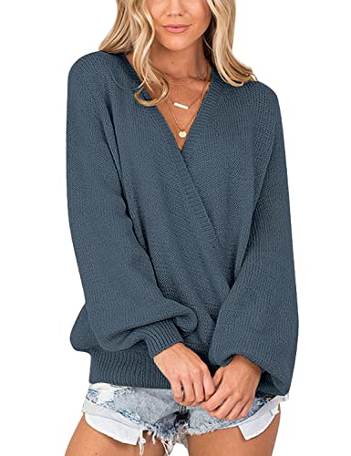LookbookStore Women's Knit Long Sleeve Faux Wrap Surplice V Neck Sweater Top - color: Moonlight Blue, size: Small