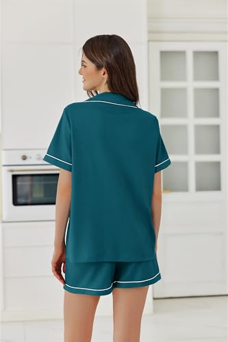 Ekouaer Womens Waffle Knit Pajama Sets Soft Short Sleeve Button Up Pjs - color: Strong Blue, size: Small