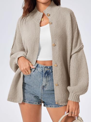Saodimallsu Womens Oversized Cardigans Long Lantern Sleeve Button Down Chunky Knit Loose Fall Sweater Coats - color: Khaki, size: Medium