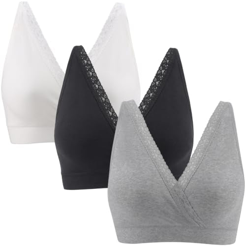 Wireless Cotton Nursing Bra for Sleep& Maternity, Pregnancy Breastfeeding Top, Adjustable Straps, Full Coverage - color: Black+grey+white/3pack, size: XX-Large