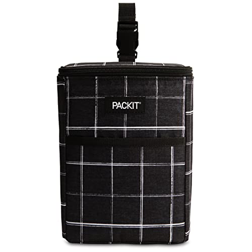 PackIt Freezable Double Bottle Bag, Built with EcoFreeze Technology, Antimicrobial lining, Collapsible, Reusable, Zip Closure, Buckle Handle, Perfect for Breastmilk and Formula On the Go - color: Black Grid