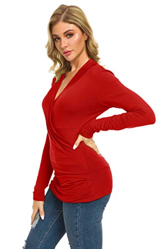 Afibi Womens Slim Fitted Deep V Neck Cross Wrap Top Long Sleeve T-Shirts - color: Red, size: Medium