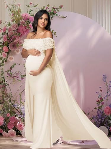 Maternity Mesh Off Shoulder Chiffon Cloak Maxi Photoshoot Dress - color: Beige-a, size: Medium