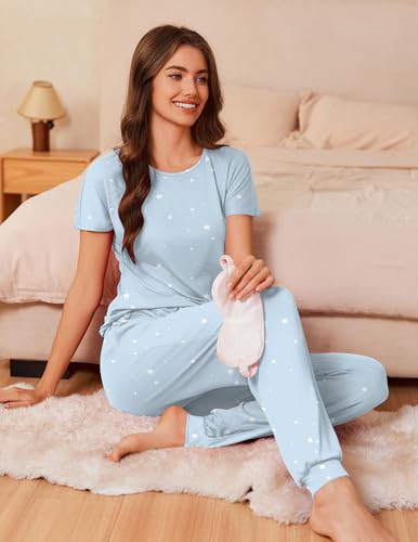 Ekouaer Pajamas for Womens Set Soft 2 Piece Loungewear with Jogger Pants - color: Blue Star, size: Large