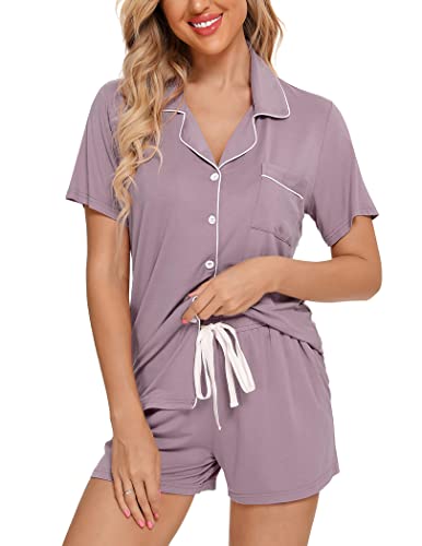Samring Womens Pajamas Set Short Sleeve Button Down Sleepwear 2 Piece Pjs - color: Violet, size: X-Large