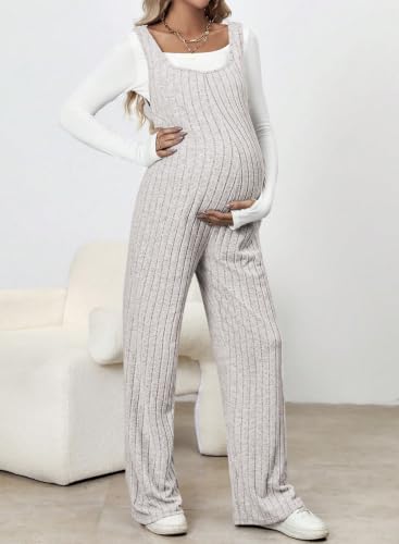 BLENCOT Maternity Jumpsuit Sleeveless Square Neck Wide Leg Pants Romper - color: Grey, size: Medium