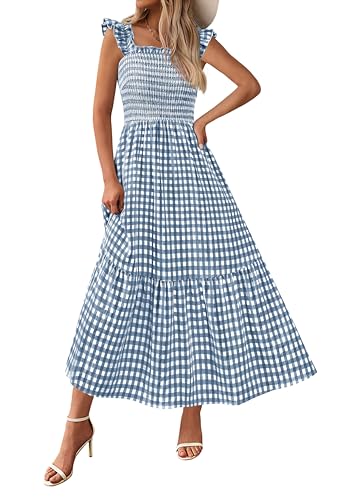 PRETTYGARDEN Women's Summer Dress Casual Ruffle Strap Gingham Midi Sundress - color: Dark Blue, size: Large
