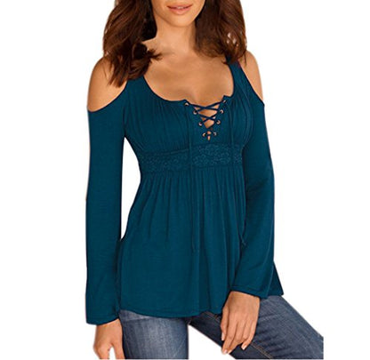 Women's Cold Shoulder Lace Up Casual Tunic Solid Blouse Tops - color: #0705_blue Green, size: Large