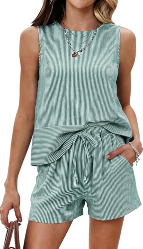 Ekouaer Two Piece Shorts Set for Women Summer Lounge Set Casual Outfits - color: Ice Green, size: Small