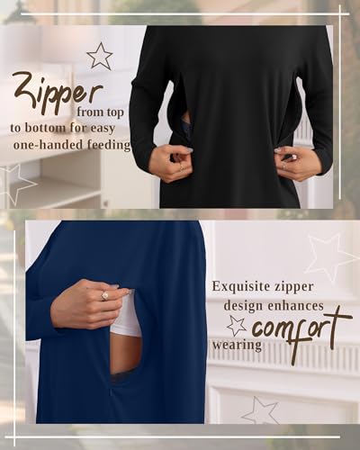 3 Pack Nursing Breastfeeding Tops - color: Dark Blue, Khaki, Black, size: Large
