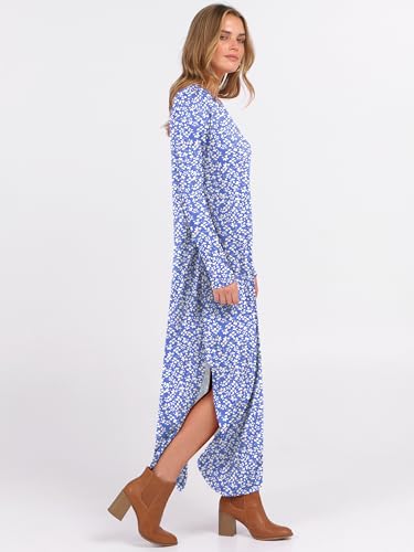 ANRABESS Women's Long Sleeve Fall Maxi T-Shirt Dress with Pockets - color: Floral Blue White, size: Medium