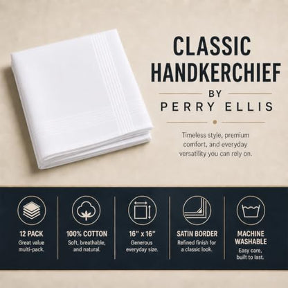 Perry Ellis 12 Pack Handkerchief (100% Cotton White with Satin Border, 16" x 16")