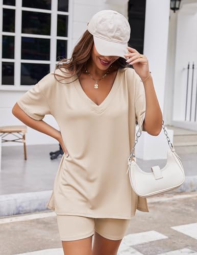 Ekouaer Womens 2 Piece Lounge Set Oversized V Neck Top Biker Short Pajamas - color: Champagne, size: XX-Large