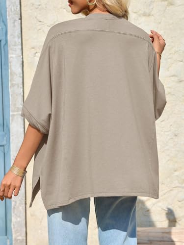 Tankaneo Womens Oversized Tshirts Batwing Short Sleeve Asymmetric Hem Tops - color: Brown, size: Large