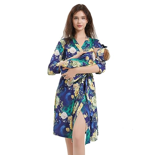 Galabloomer Maternity Robe and Receiving Blanket, Matching Mommy Labor Robe - color: Peacock, size: Small