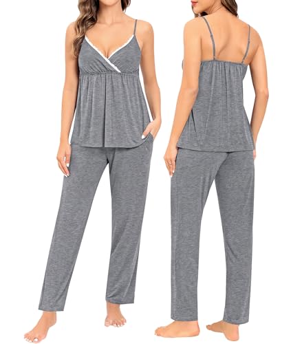 SWOMOG Maternity Nursing Robe Set 3 Piece Breastfeeding Pajamas 3 in 1 Labor Delivery Sleevless Tops&Long Pants Pregnancy Pjs - color: Grey, size: Medium