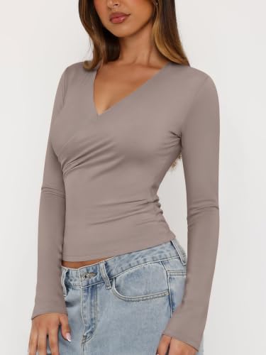 PINKMSTYLE Womens Long Sleeve Wrap V Neck Tops Ruched Dressy Shirts Blouse - color: Khaki, size: Medium
