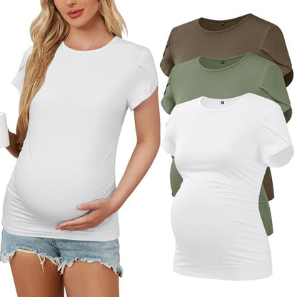 OUGES 3 Pack Women's Maternity Shirts/Tops Crew Neck Short Petal Sleeve Casual Fashion Tee Side Ruched Pregnancy Clothes - color: Grey-green, White, Camel, size: Large