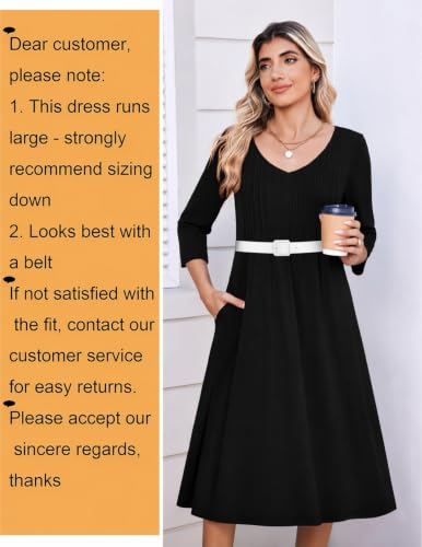 Zeagoo 3/4 Sleeve Women's Dress Pleated Midi Casual Dresses with Pockets - color: Black, size: Medium