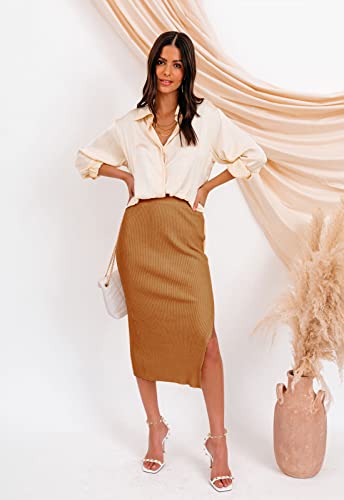 HERBATOMIA Midi Pencil Basic Skirt Casual Solid Split Side Stretchy Ribbed Knit Bodycon Mid Length Skirts for Women - color: Camel, size: Medium