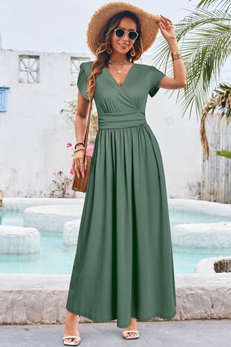 OUGES Women's Wrap V Neck Summer Maternity Photoshoot Dress with Pockets - color: Gray Green, size: X-Large