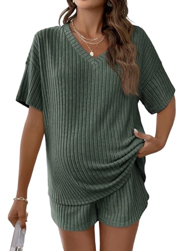 MakeMeChic Women's Maternity 2 Piece Sets Ribbed Shirt and Biker Shorts - color: Green a, size: Small