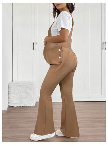 OYOANGLE Women's Maternity Side Button Jumpsuit Sleeveless Overalls - color: Khaki, size: X-Small