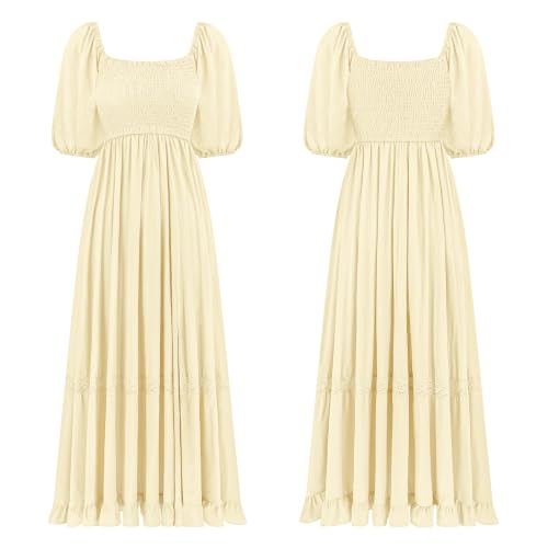 R.Vivimos Women's Summer Square Neck Smocked Slit Maxi Dress - color: Light Yellow, size: Medium