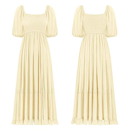 R.Vivimos Women's Summer Square Neck Smocked Slit Maxi Dress - color: Light Yellow, size: Medium