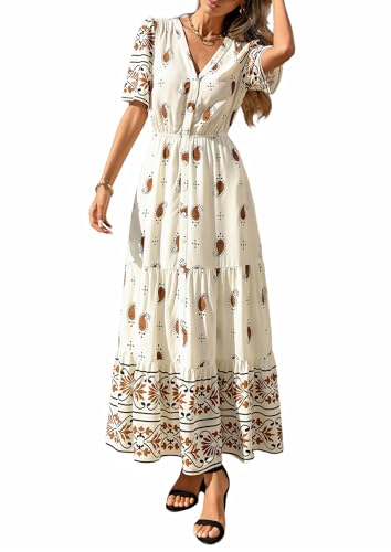 PRETTYGARDEN Womens Short Sleeve Boho Maxi Dress - color: Apricot, size: X-Large