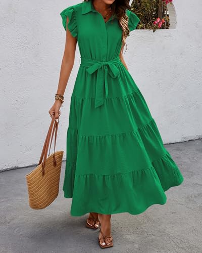 dowerme Women Ruffle Sleeve Button Belted Boho Maxi Dress - color: Bright Green, size: Large