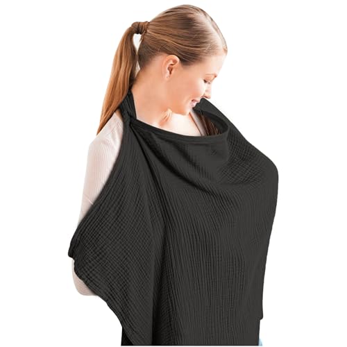 Konssy Muslin Nursing Cover Up for Breastfeeding with Rigid Hoop - color: Black