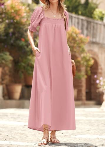 KIRUNDO Women Summer Maxi Dress Puff Sleeve Long Dresses - color: Bean Paste Pink, size: Large