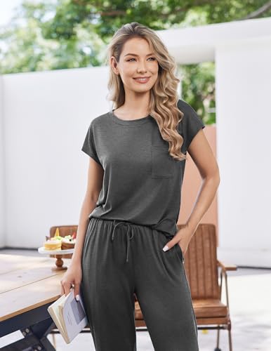Ekouaer 2 Packs Pajamas for Women Set Cap Sleeve Top and Pants Lounge Set - color: Deep Grey/Deep Green, size: Small