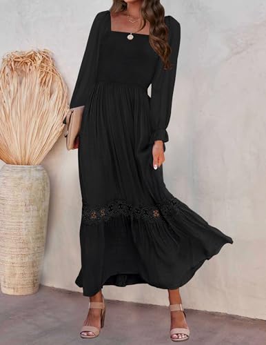ZESICA Women's 2026 Boho Long Sleeve Fall Maxi Dress - color: Black, size: Large