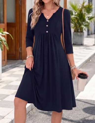 Zeagoo Womens Dresses 3/4 Sleeve Casual Fall A Line Midi Dress with Pockets - color: Navy Blue, size: Medium