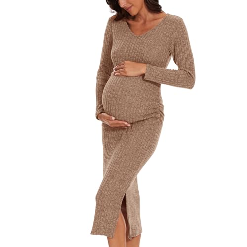 LAHILO Long Sleeve Maternity Sweater Dress for Fall Winter Baby Shower - color: Camel, size: XX-Large