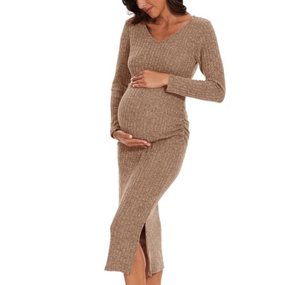 LAHILO Long Sleeve Maternity Sweater Dress for Fall Winter Baby Shower - color: Camel, size: Small