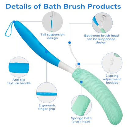 Back Scrubber for Shower,15.35"Curved Body Brush with Anti Slip Long Handle - size: Black+Blue Handle (Medium)
