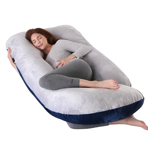 ALLOPERA Pregnancy Pillow, Full Body Maternity Pillow 57 inch, with Removable Washable Cover - Sleep Support for Legs, Back, Neck, Shoulder, HIPS, Belly, Velvet Cover-Grey-Dark Blue - color: Grey/Dark Blue