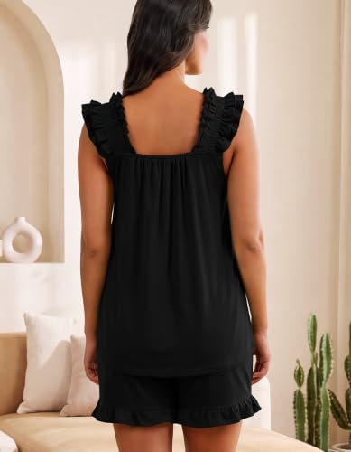 SIMIYA Pajamas for Women Set Ruffle 2 Piece Pj Sets Soft Bridal Sleepwear - color: Black, size: Large