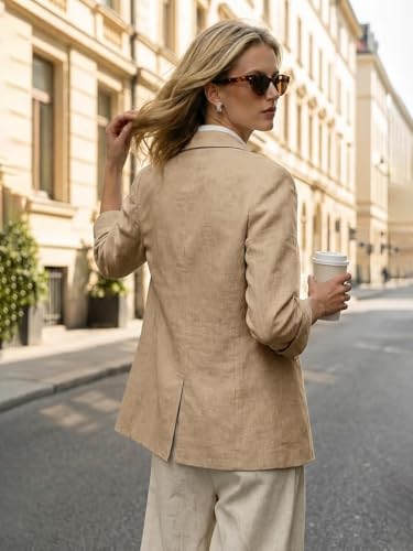 IDEALSANXUN Linen Blazer Women 3/4 Sleeve Lightweight Spring Summer Blazer Jackets - color: Dark Khaki, size: Medium