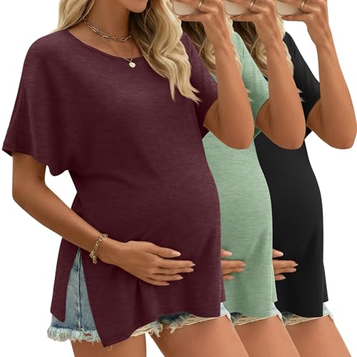 Riyiper 3 Pack Women's Maternity Tunic Cotton Shirts - color: Light Green, Wine Red, Black, size: X-Large