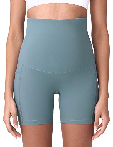 POSHDIVAH Maternity Biker Shorts Over the Belly with Pockets 5"/8" - color: Light Green, size: Medium