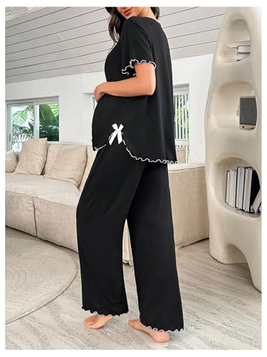OYOANGLE Women's Maternity Pajama Set Bow Lettuce Trim Tops and Pants - size: Large